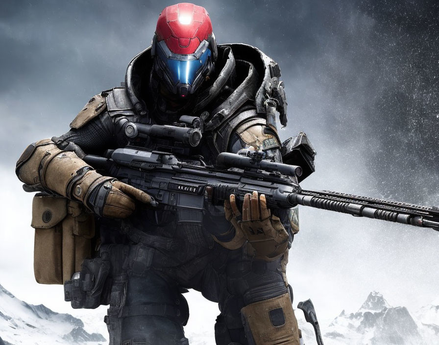 Futuristic soldier in heavy armor with sniper rifle in snowy mountain setting