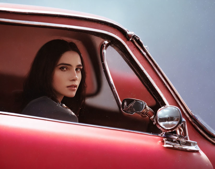 Dark-haired woman gazes through open window of vintage red car against clear sky