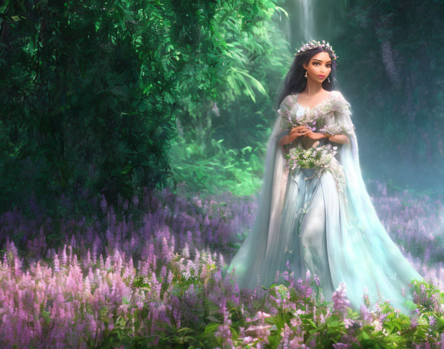 Animated princess in lavender field with waterfall in misty forest