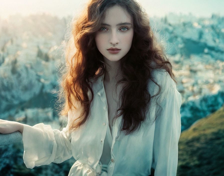 Curly Haired Woman in White Blouse Amid Winter Landscape