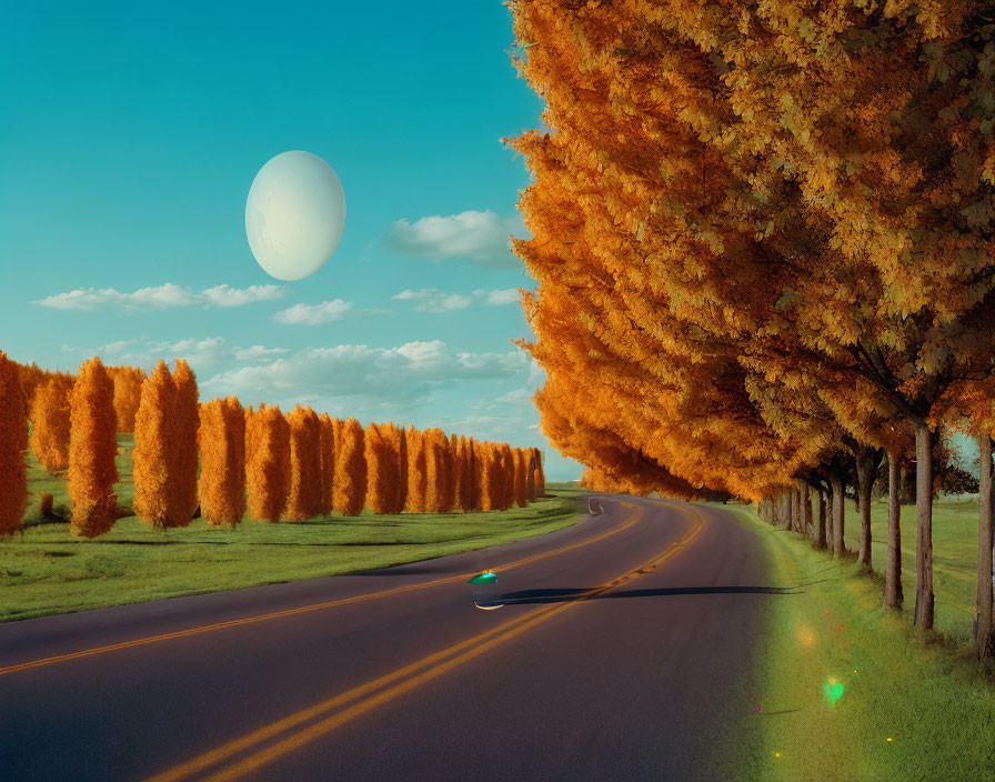 Tranquil autumn road with golden trees and large moon in clear sky