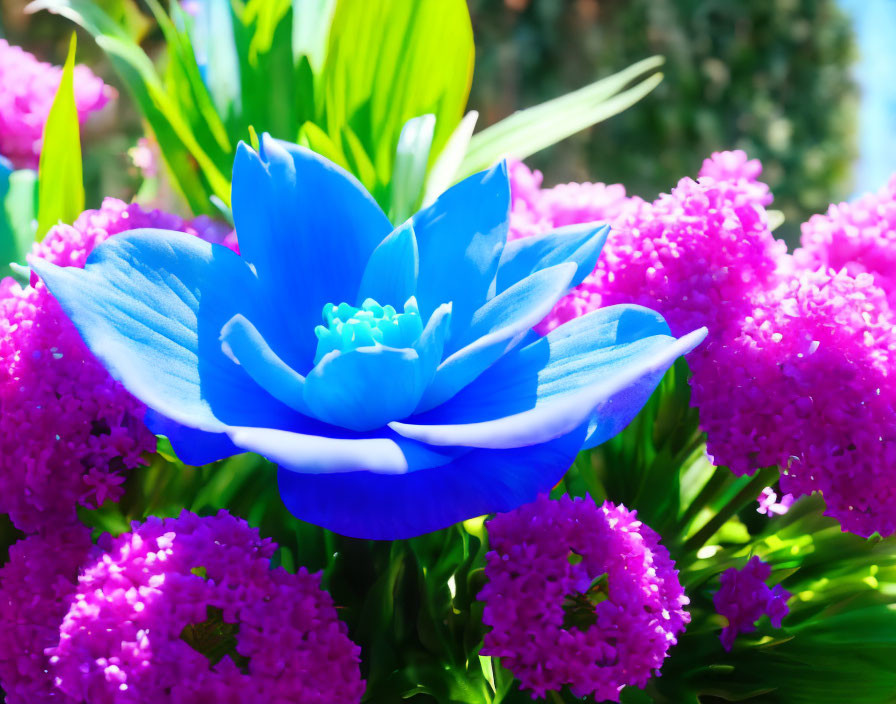 Vibrant Blue Flower Among Pink Blossoms on Green Background