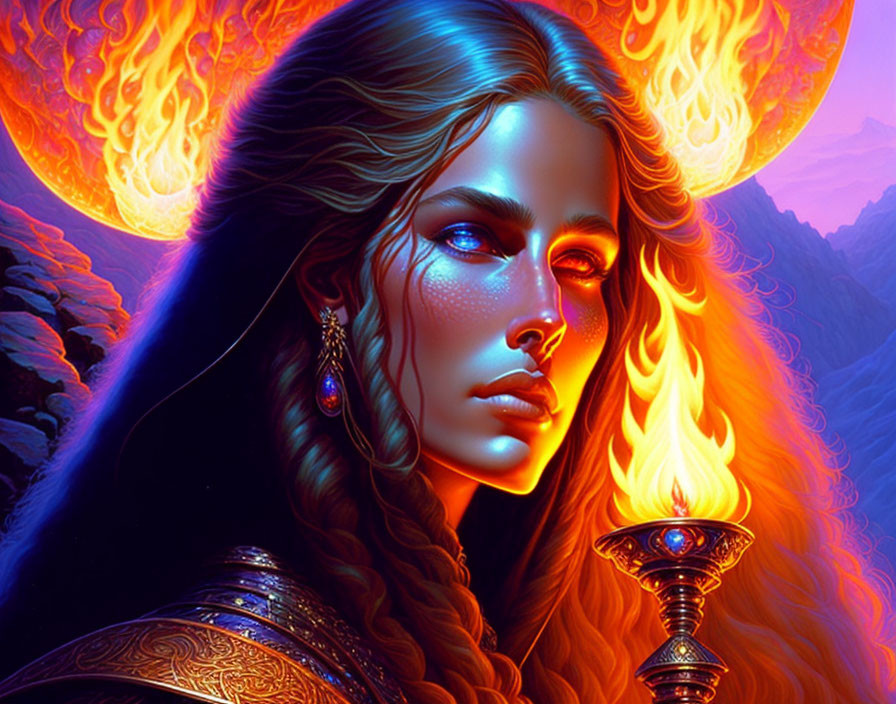 Fantastical female figure with glowing blue eyes and fiery orbs in golden armor.