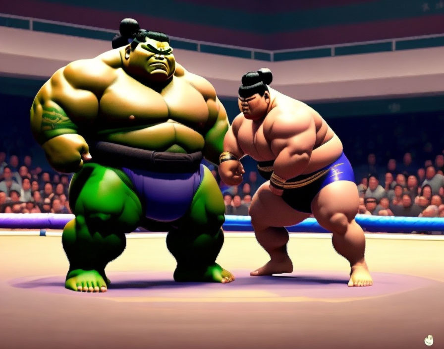 Traditional vs. Hulk-like Sumo Wrestlers Face Off in Animated Match