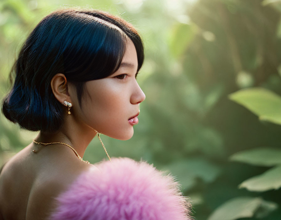 Woman with Short Blue Hair and Pink Accessory in Lush Greenery