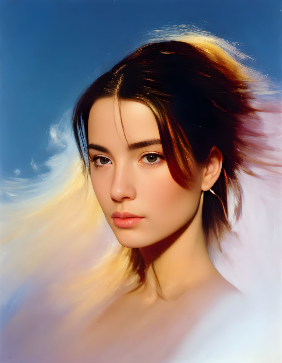 Portrait of Woman with Clear Skin, Dark Hair, Brown Eyes on Blue Background