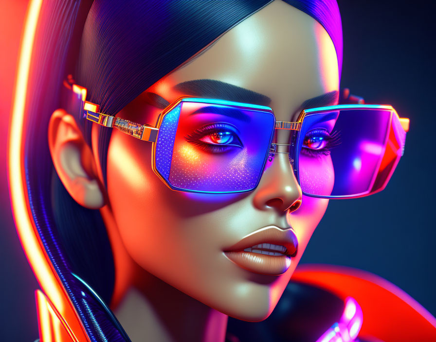 Vibrant digital artwork of woman with sleek glasses and neon reflections