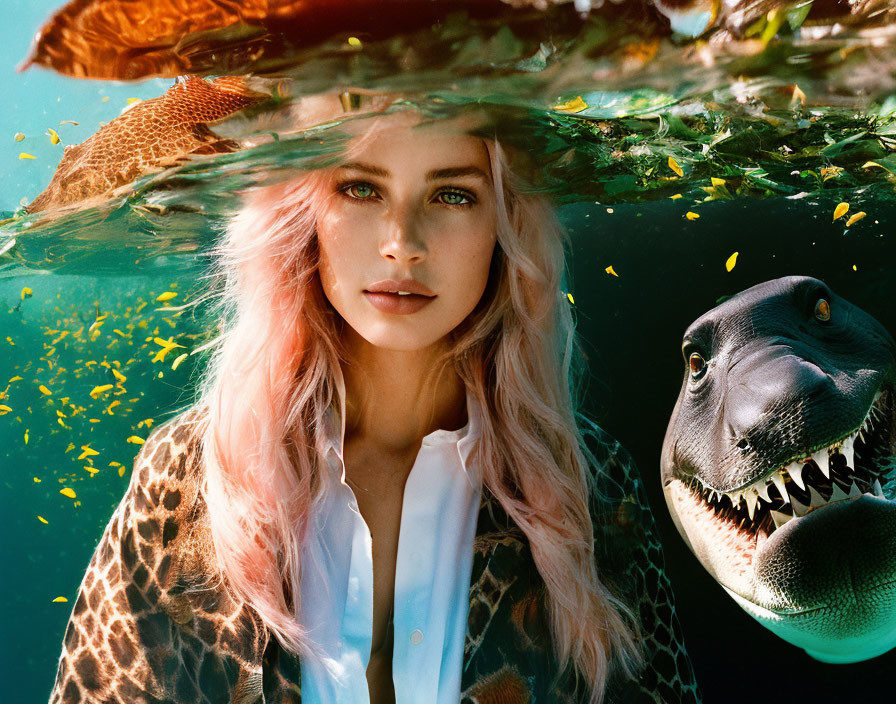 Woman underwater with fish, turtle, and digital dinosaur in vibrant aquatic setting