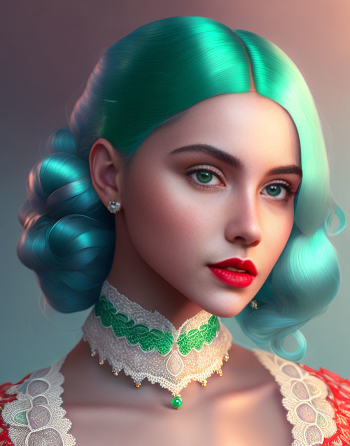 Portrait of woman with teal wavy hair, green eyes, red lipstick, lace collar, red outfit