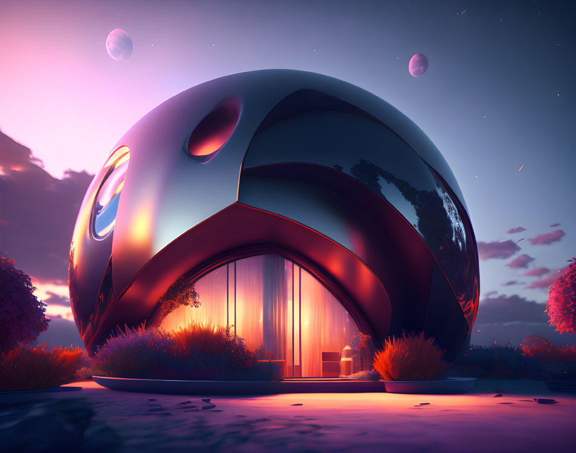 Futuristic dome-shaped house under two moons in twilight sky