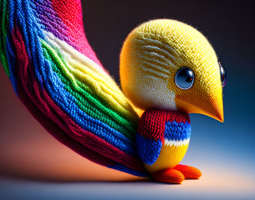 Colorful Knitted Bird with Rainbow Stripes on Soft-focus Background