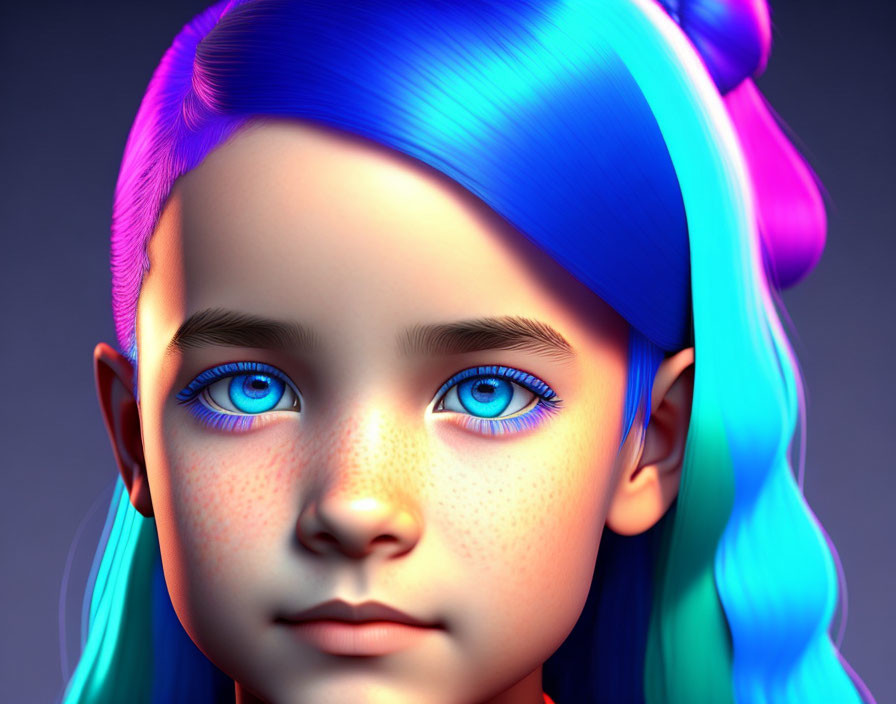 Vibrant blue hair child portrait with detailed skin texture