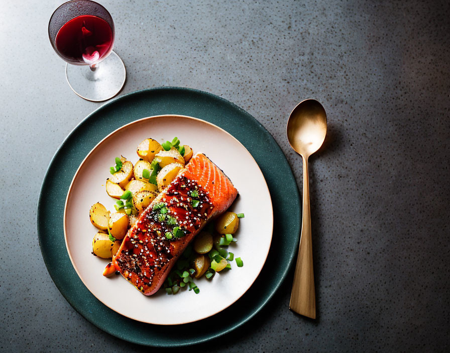 Circular plate with grilled salmon, potatoes, carrots, red wine, and golden spoon on textured gray surface