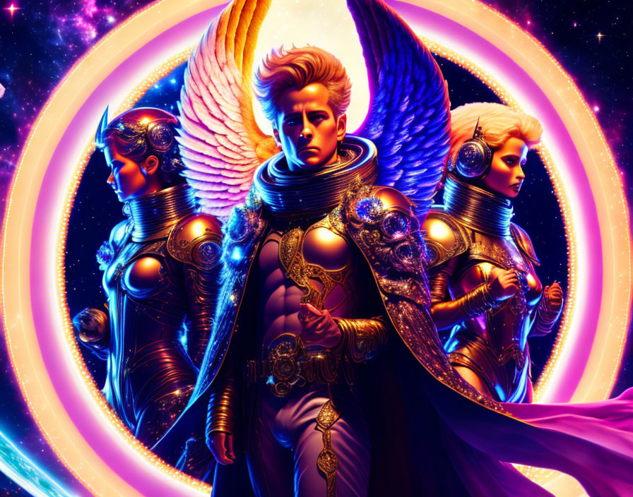 Futuristic armored angels in cosmic backdrop with swirling galaxy hues