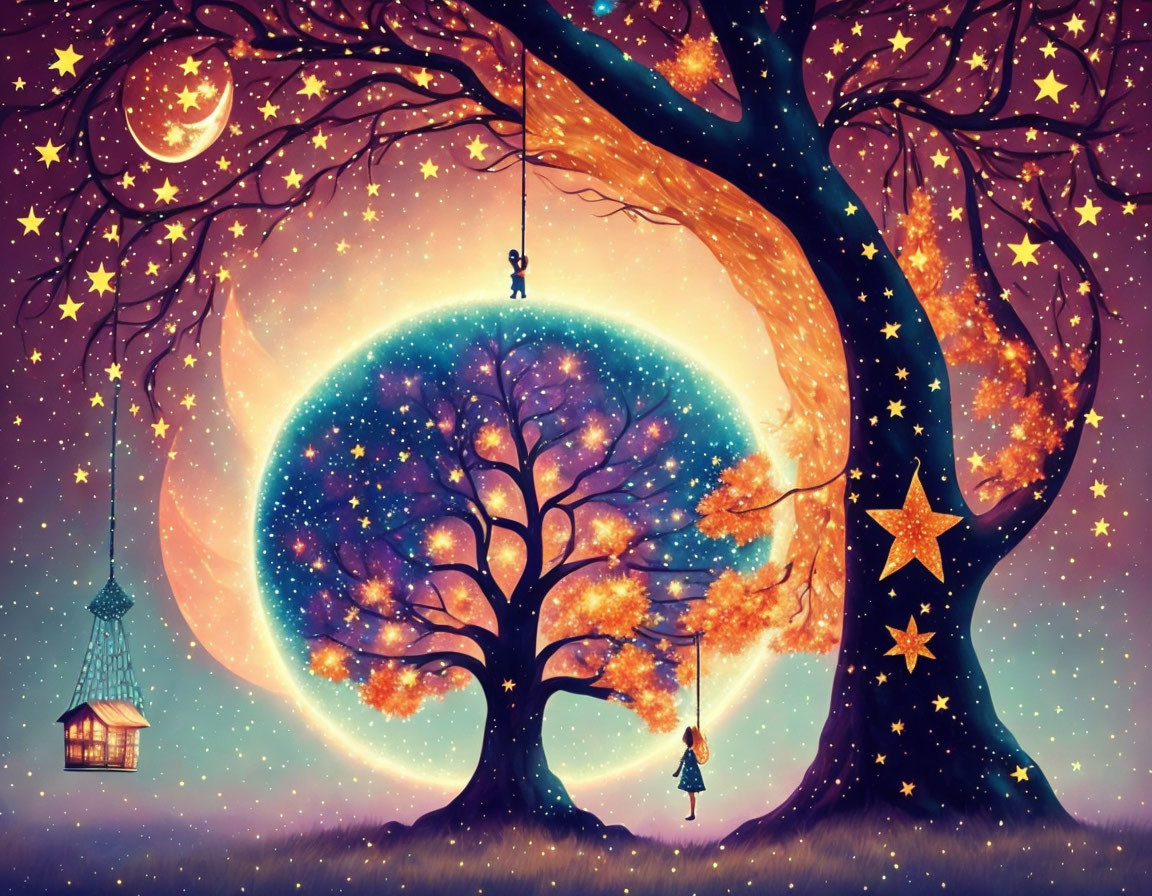Illustration of children swinging under starry night with moonlit autumn forest reflection