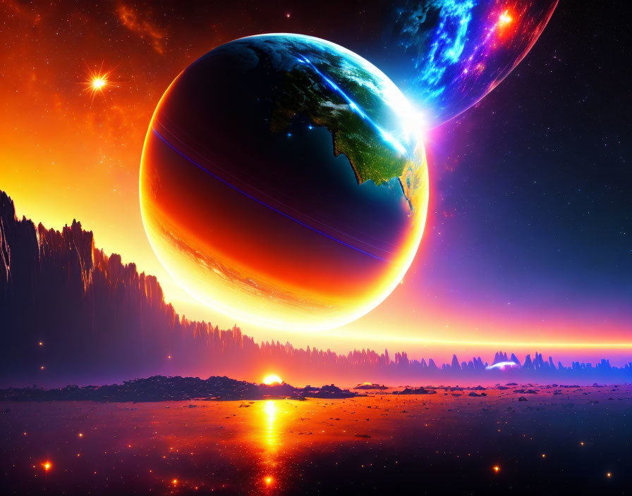 Enormous Planet Over Neon-Lit Rocky Terrain