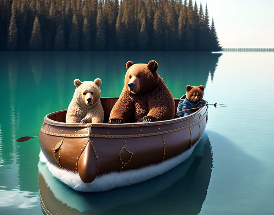 Three Bears Canoeing on Serene Lake with Pine Trees