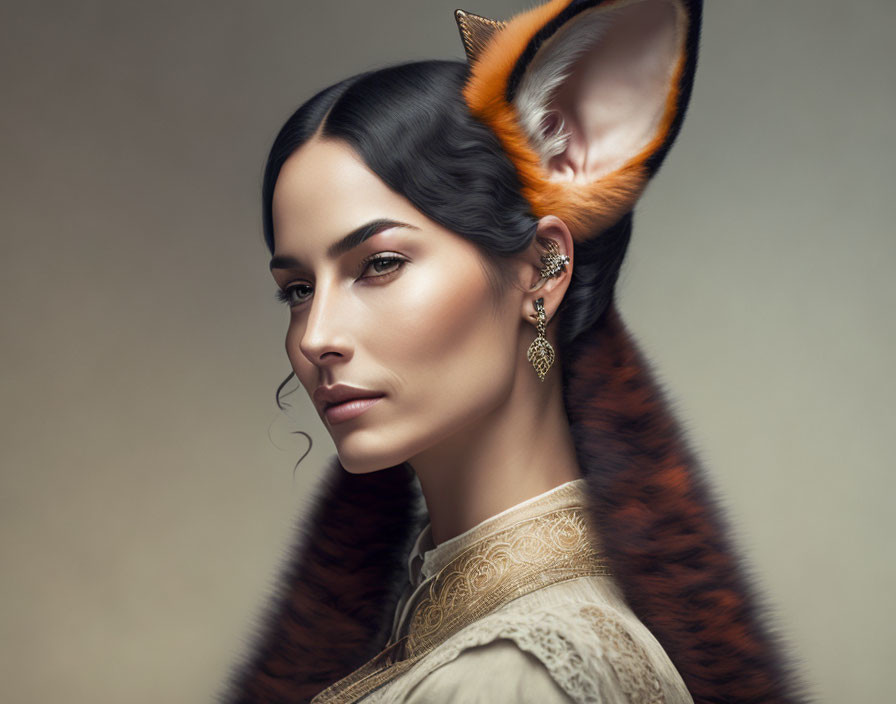 Woman with fox ears in elegant attire and gold earring on beige backdrop