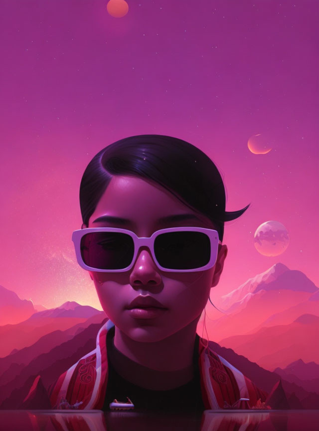 Digital portrait with sunglasses in vibrant alien landscape