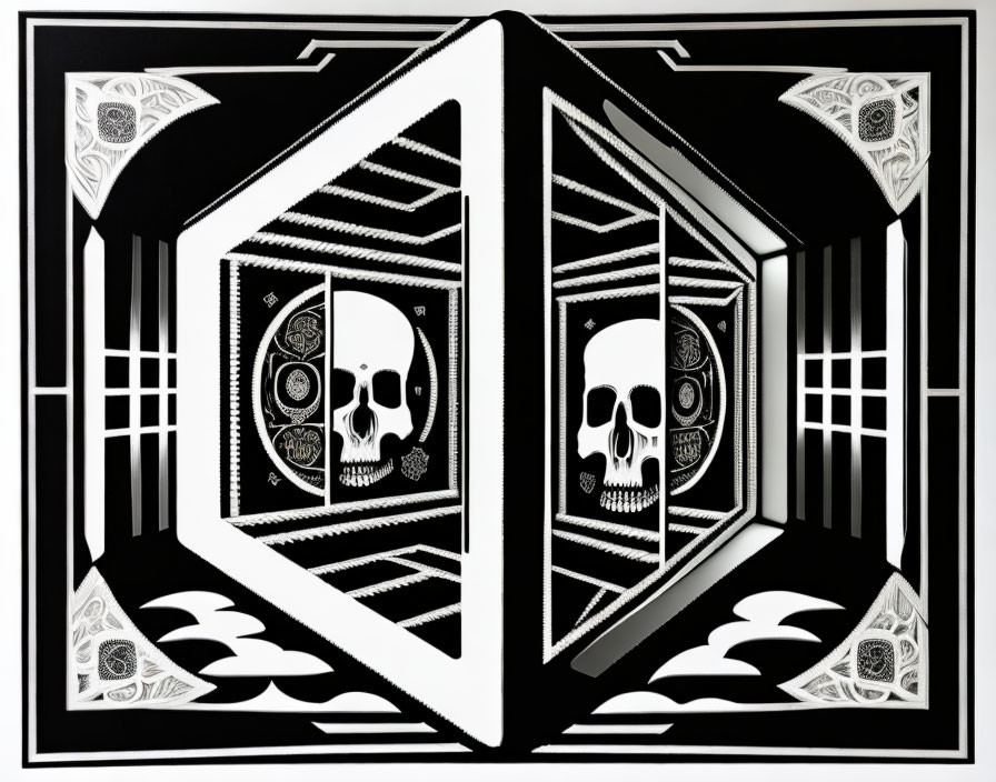 Symmetrical black and white 3D cube illusion with skulls and intricate patterns