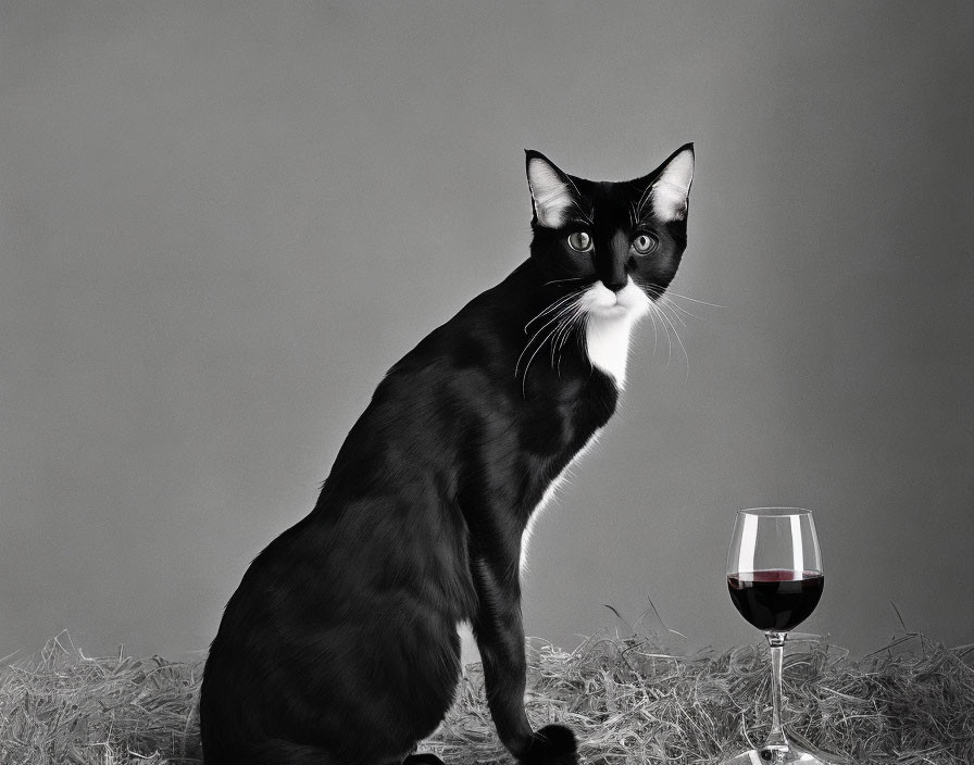 Black and white cat with red wine glass on grey background with hay