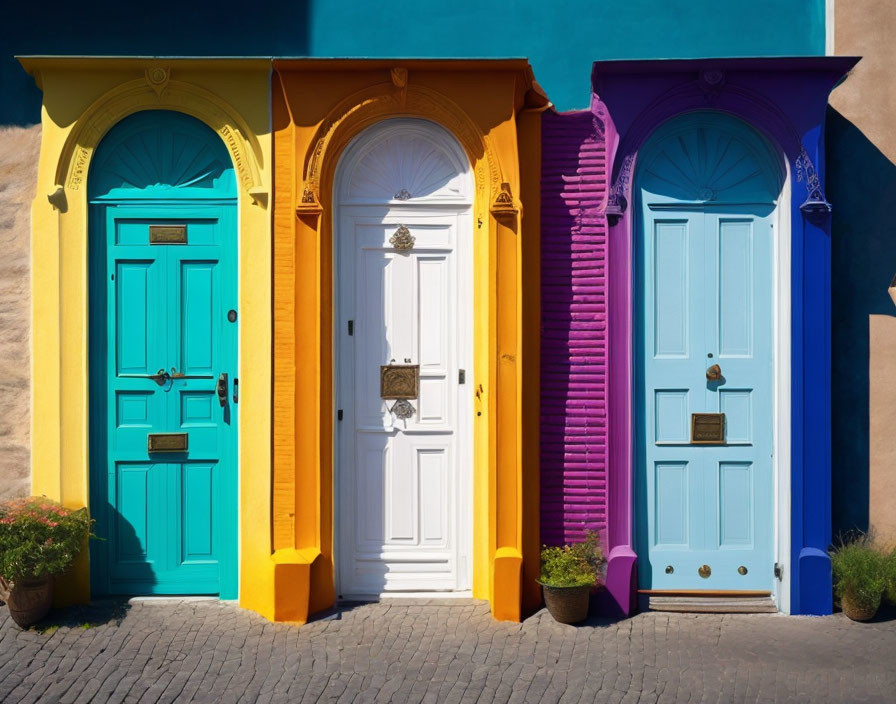 Vibrant yellow, white, and blue doors with unique designs on textured wall under sunlight