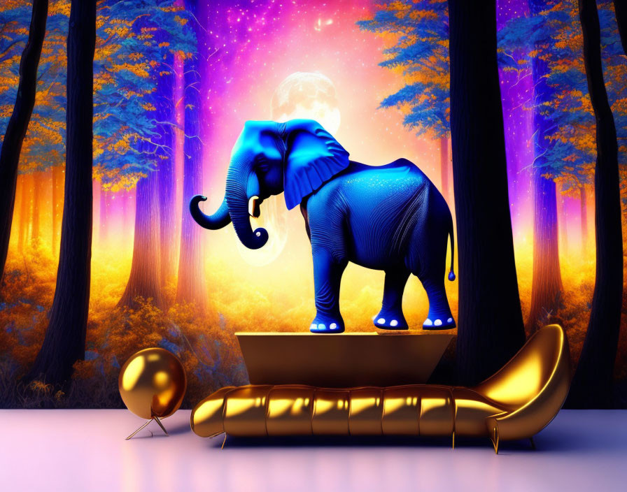 Surreal blue elephant, golden snail, vibrant forest under starry sky