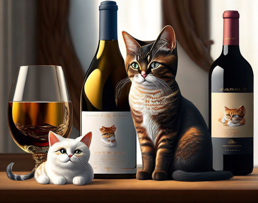 Animated Cats with Wine Bottles on Wooden Backdrop