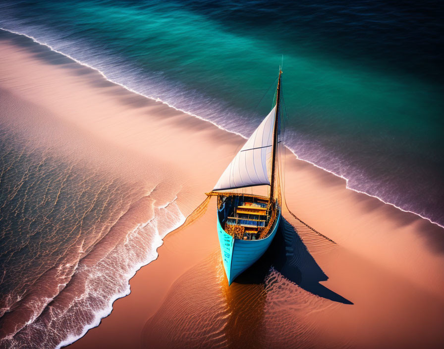 Sailboat casting shadow on sandy shore next to turquoise sea