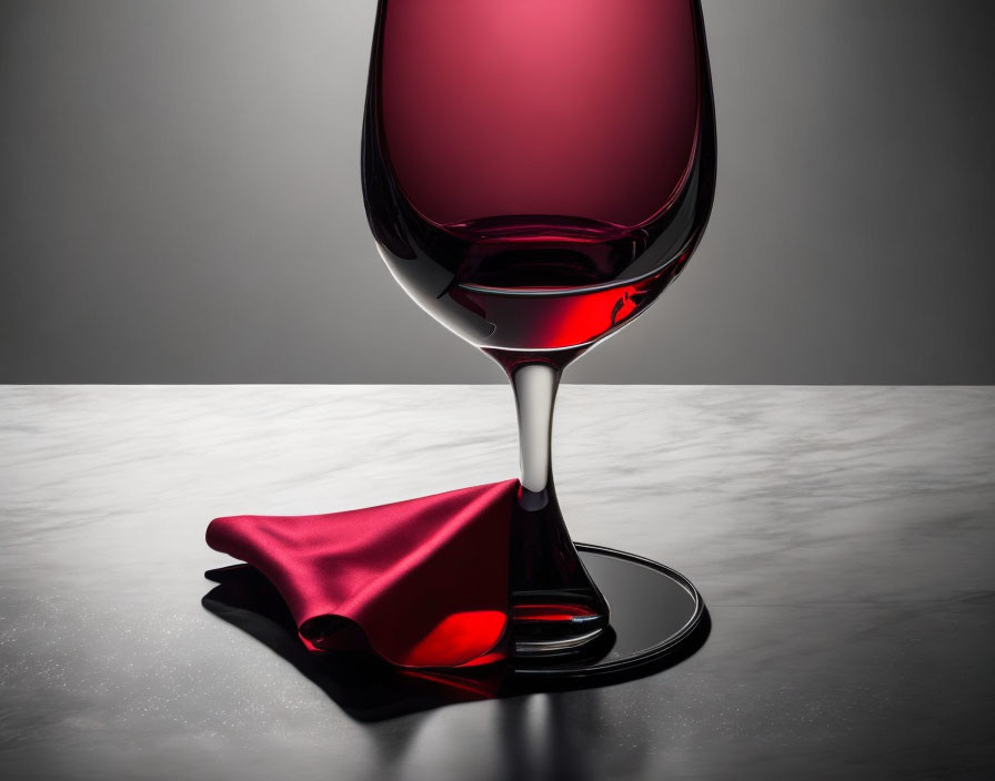 Red wine glass on dark surface with satin fabric, reflecting light.