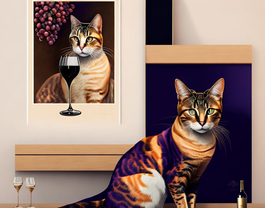 Tiger-striped domestic cat next to wine glasses and bottle on shelf with framed picture and glass of wine