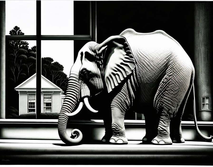 Monochrome elephant in room with window view