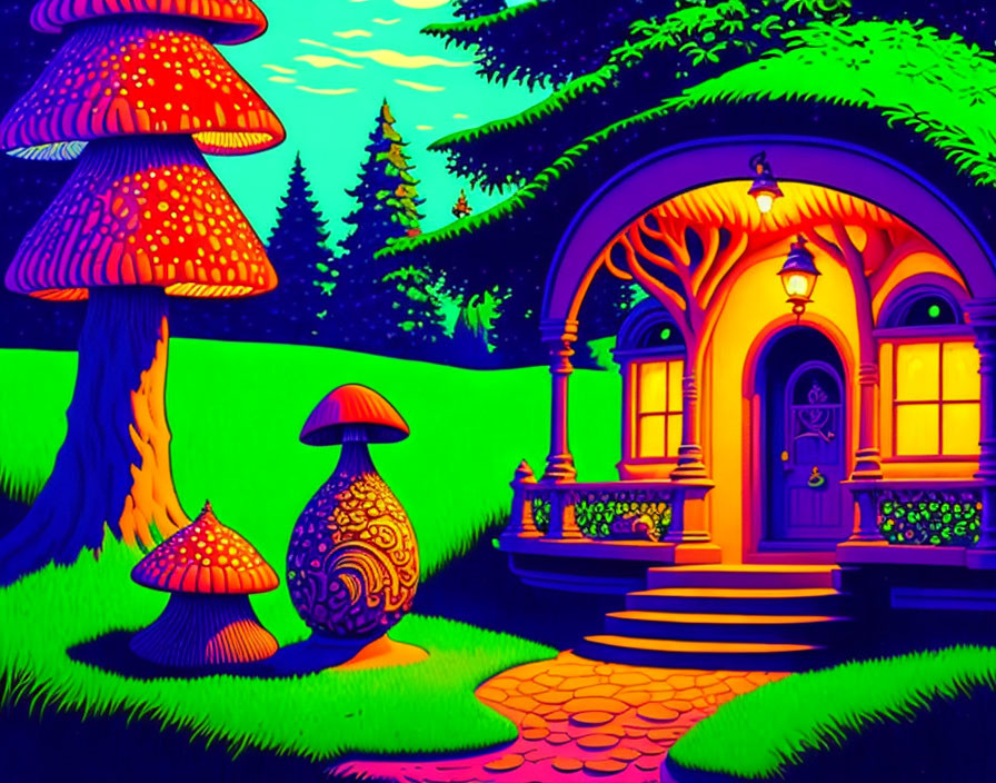 Colorful neon landscape with oversized mushrooms, round door house, lush trees, starry sky