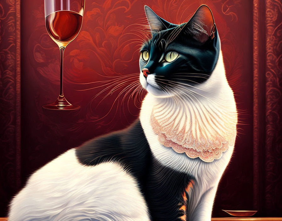 Black and White Cat with Lace Collar Beside Red Wine on Ornate Background