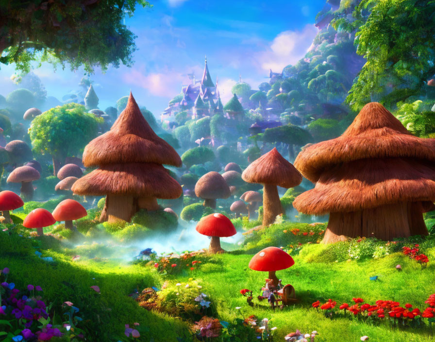 Fantasy landscape with mushroom houses, greenery, red mushrooms, fairy-tale castle