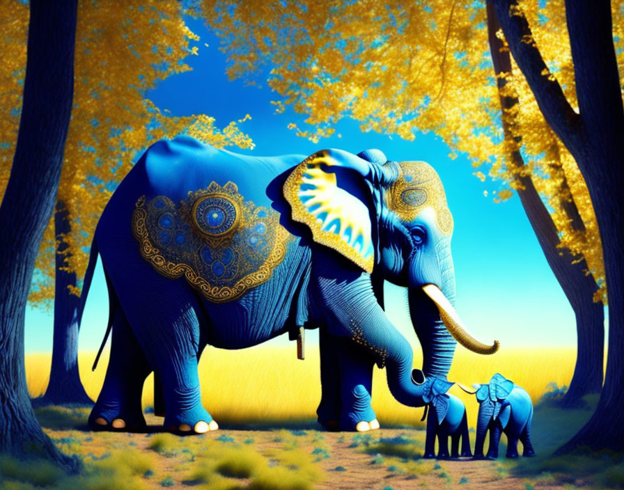 Blue elephant with ornate decorations in vibrant autumn forest