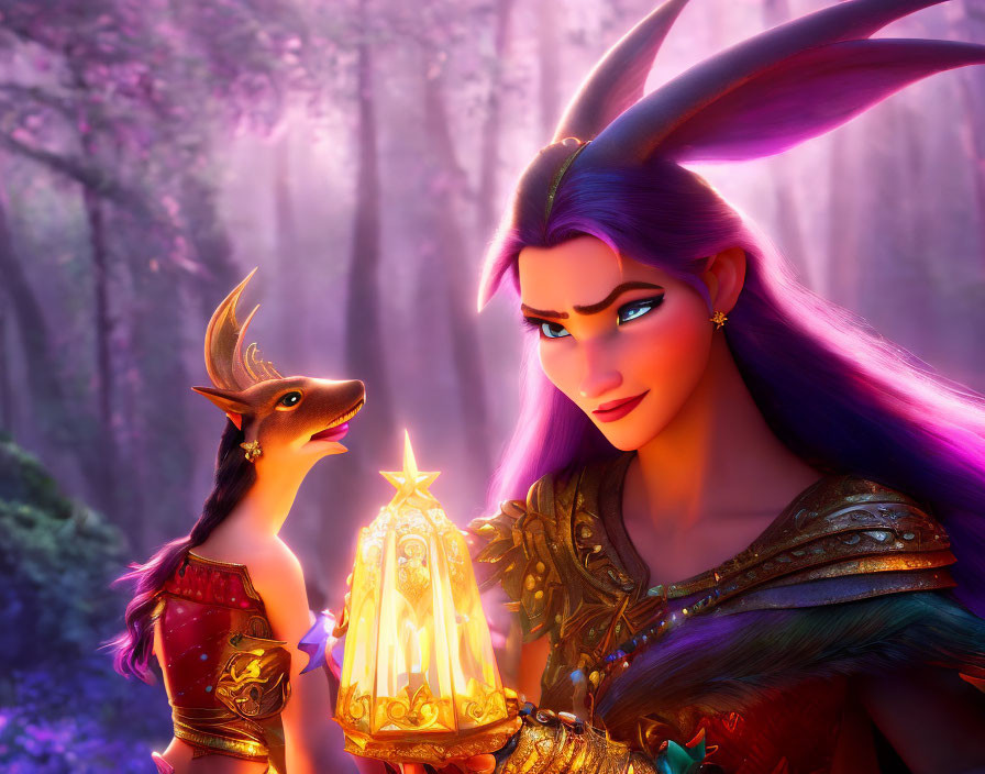 Stylized animated image of woman with large horns and glowing artifact in mystical forest