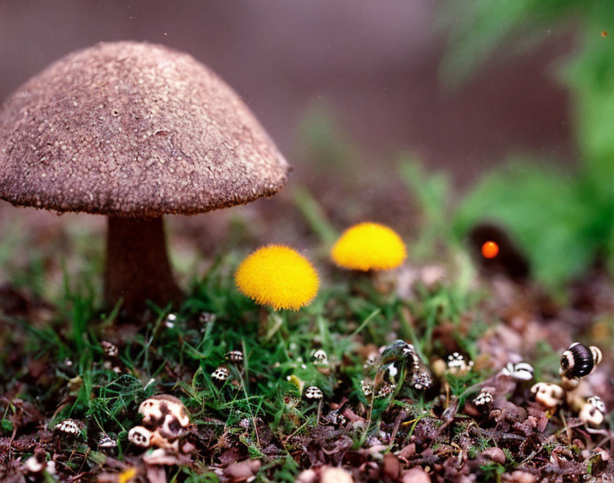 Brown Mushroom with Rough Cap Among Snail-Covered Plants and Yellow Flower