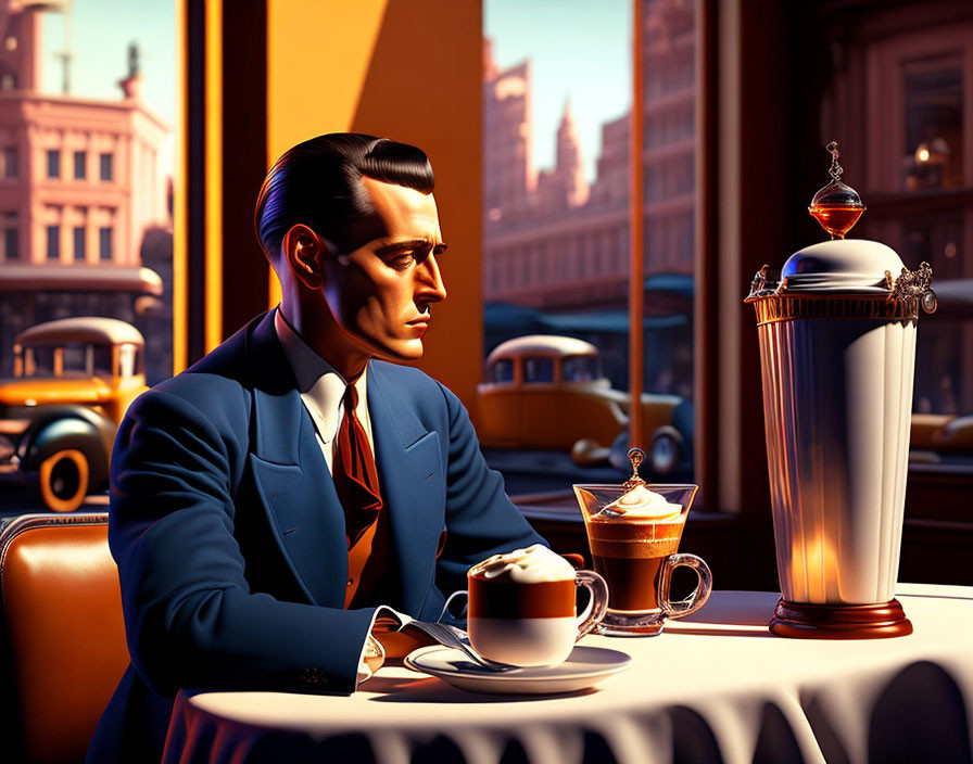 Stylized illustration of man in blue suit at cafe table with coffee cup, vintage cars, city