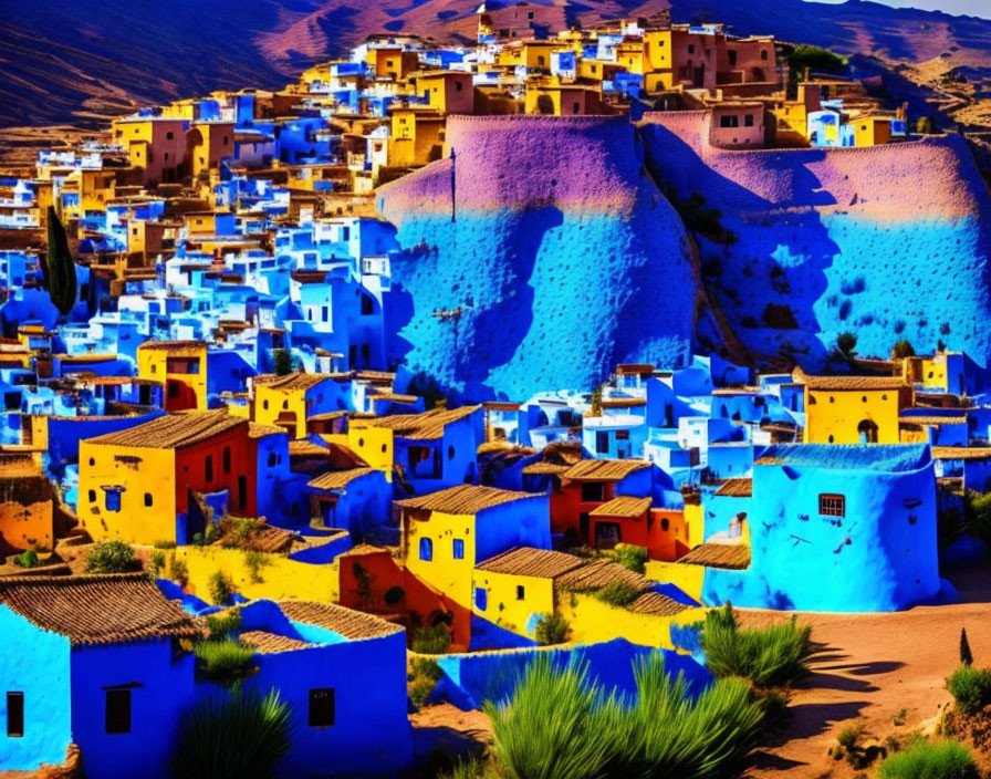 Vibrant Blue and Yellow Hillside Village in Arid Landscape