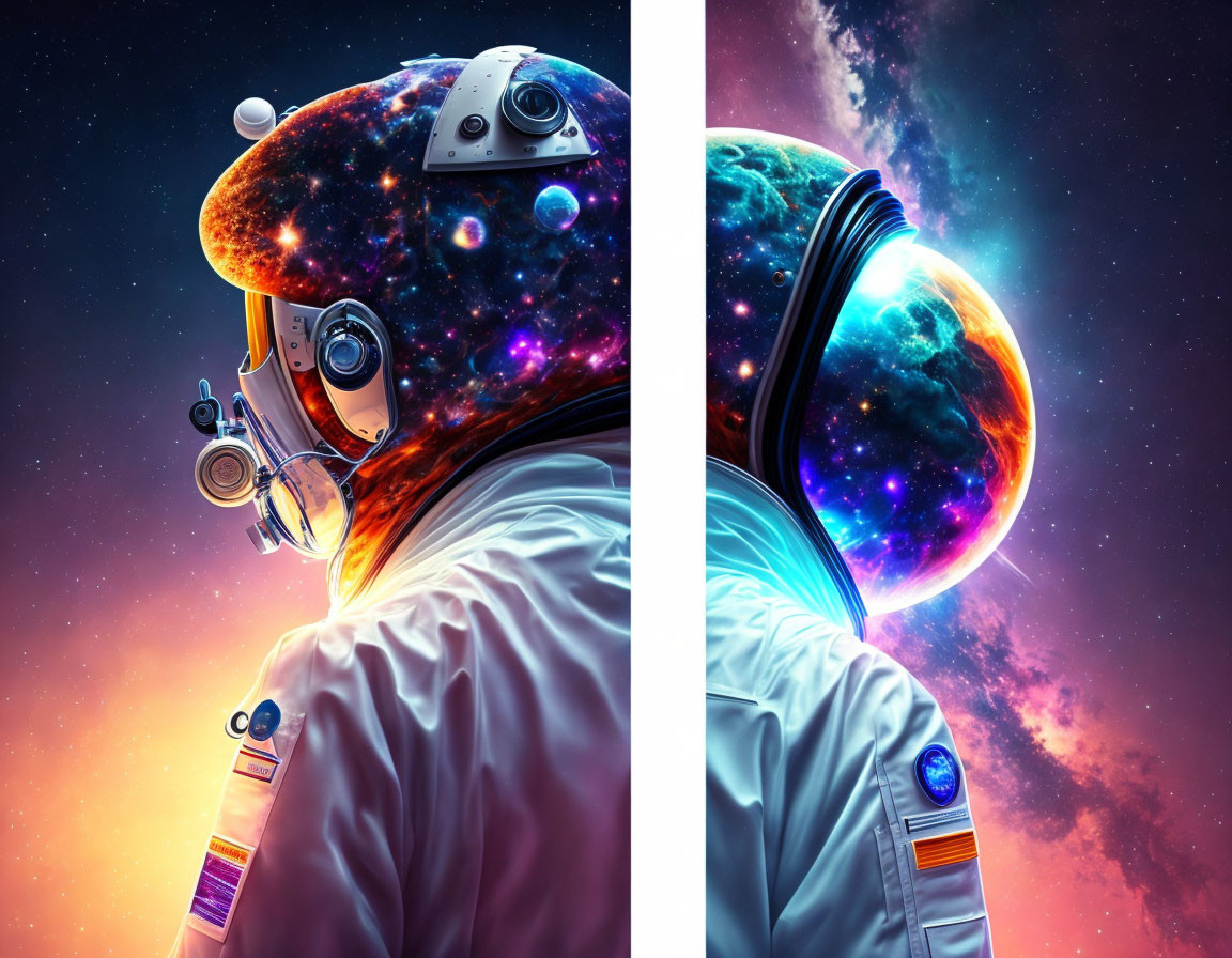 Astronaut in space suit gazes at vibrant cosmic scene with galaxies and stars reflected in helmet vis