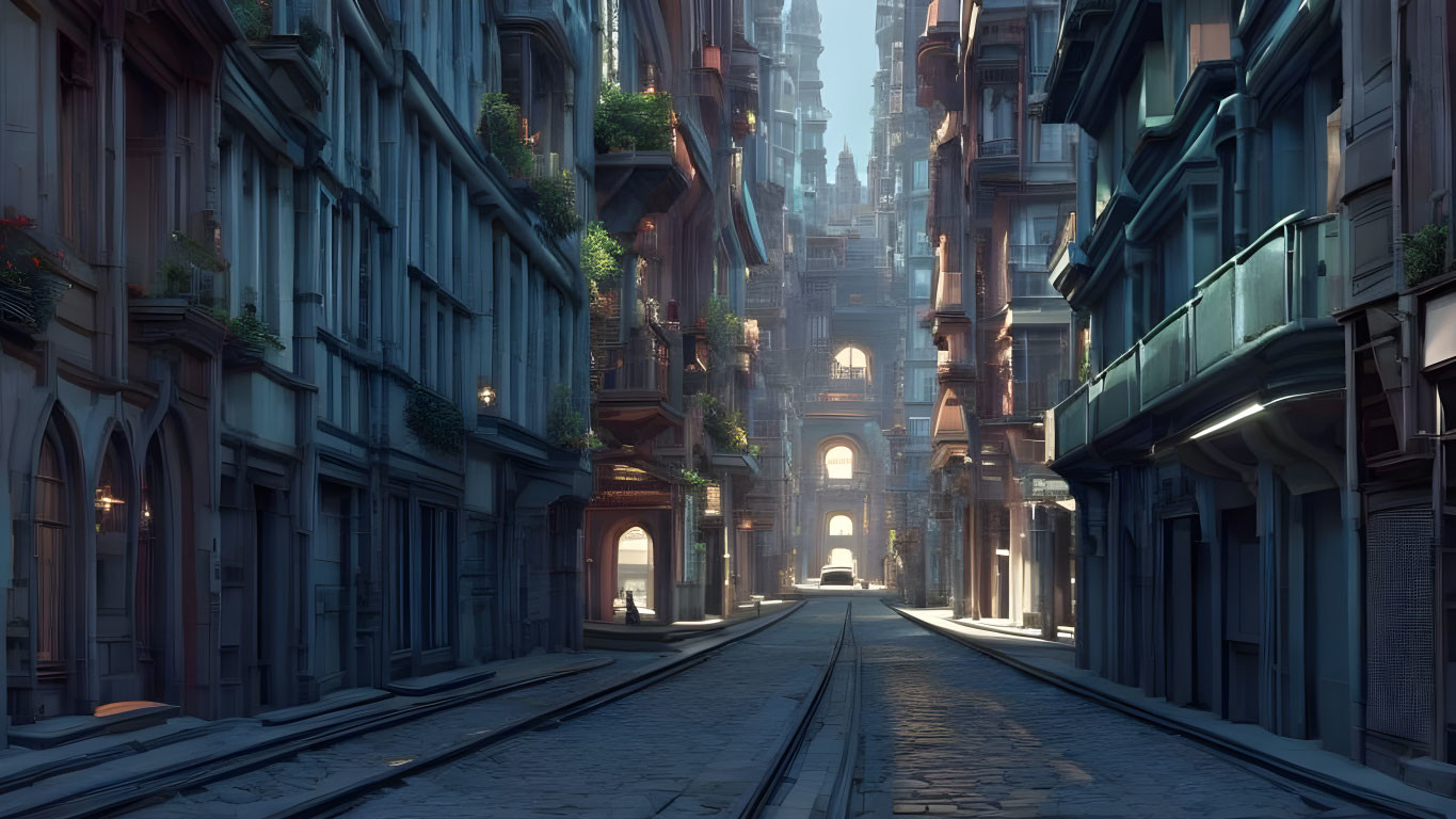 Cobblestone street with tram tracks in European cityscape at dusk