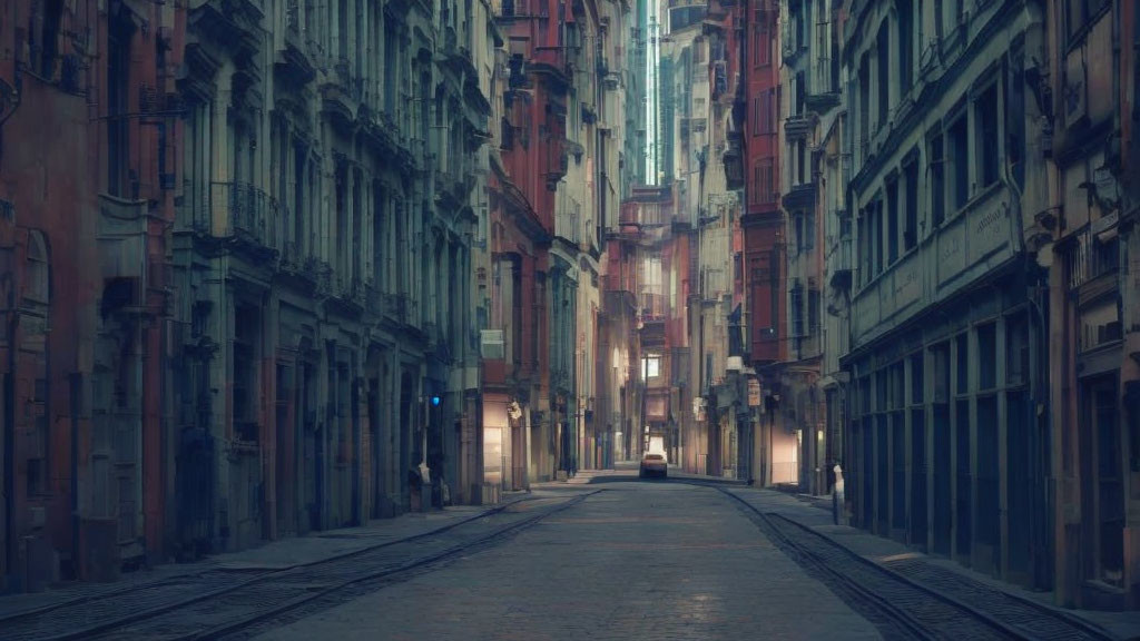 Vintage architecture and tram tracks on a deserted urban street at dusk