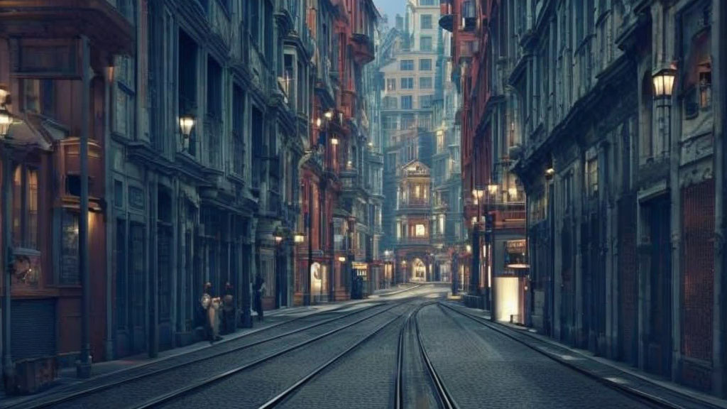 Historic European City Street with Tram Rails and Cathedral in Soft Morning Light