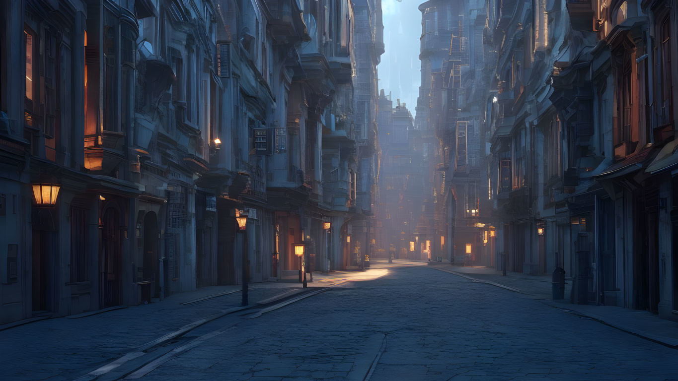 Deserted European-style city street at twilight with vintage buildings.