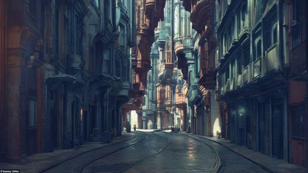 Old City Street with Ornate Buildings and Tram Tracks