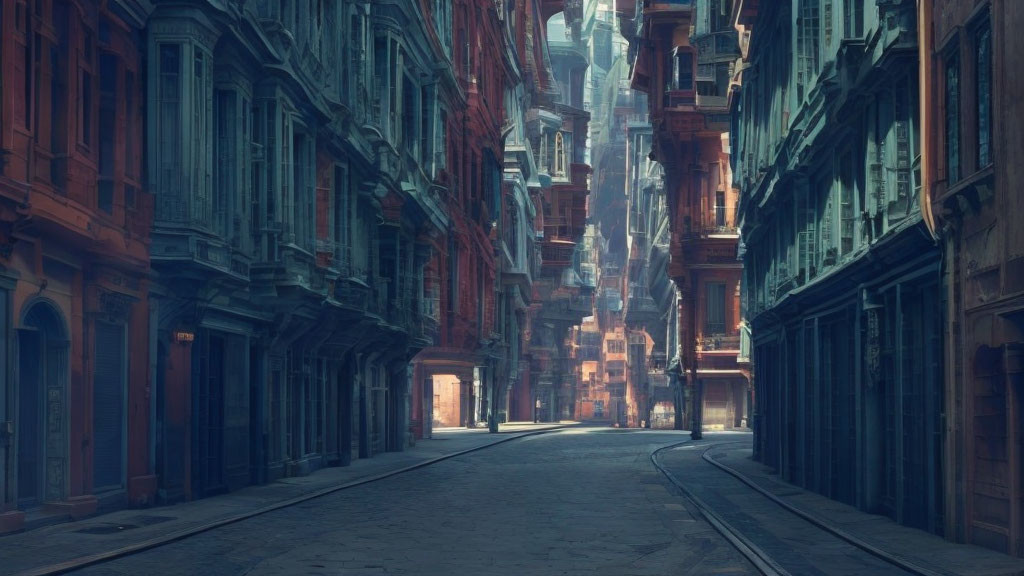 Deserted urban alley with ornate buildings under dim sky