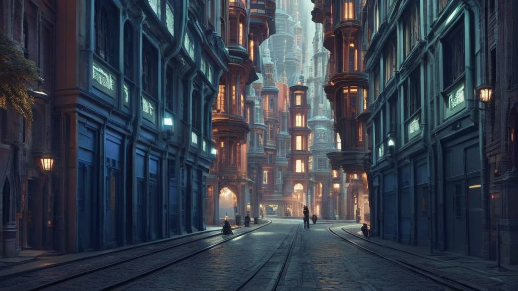 City alley with futuristic buildings and lone pedestrian.