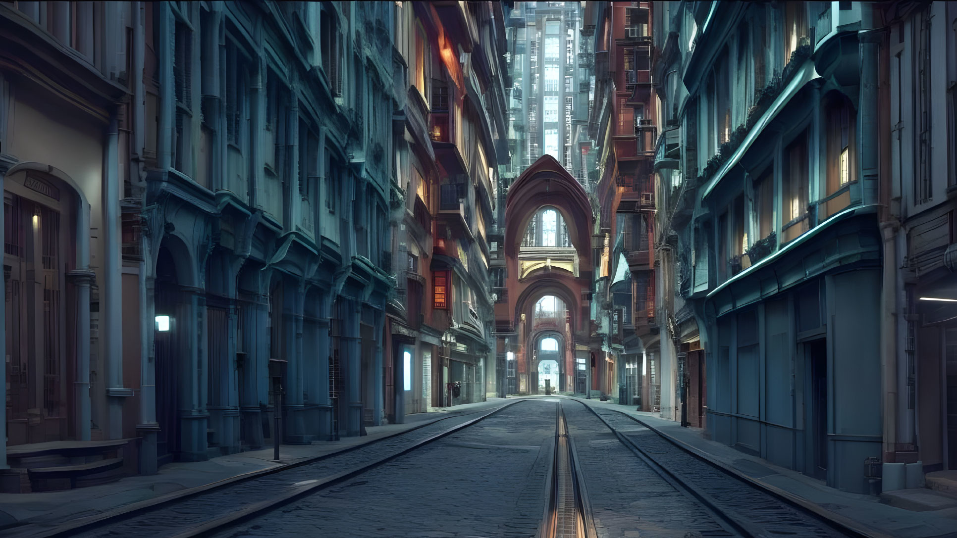 Desolate urban street with Gothic architecture and tramlines in dusky blue atmosphere