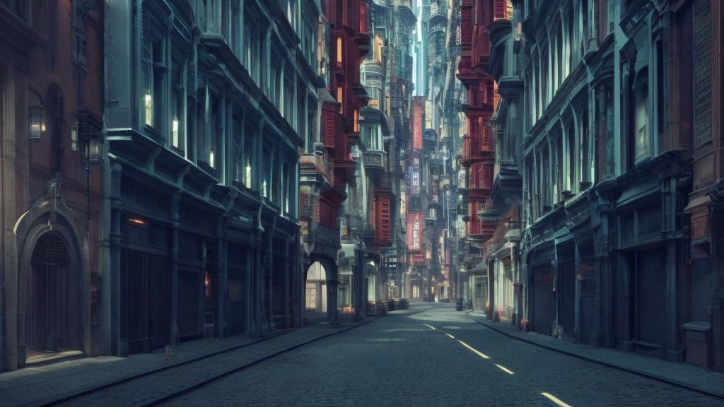 Desolate urban street with tall, shadowed buildings